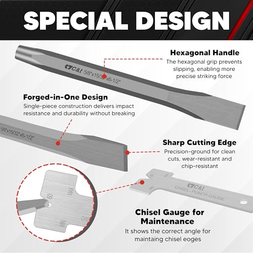 C&T 16-Piece Punch and Chisel Set with Storage Pouch, Including Taper Punch, Cold Chisels, Pin, Center Punch, Chrome Vanadium Steel - size: 16-Piece