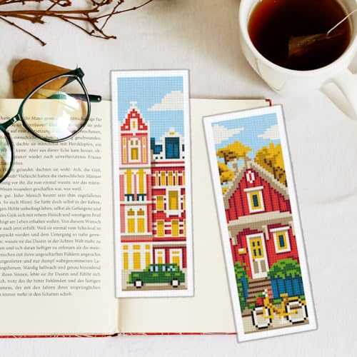 INFUNLY 6 Set DIY Cross Stitch Bookmark Kit Building House Cross Stitch Kits 8"x2.4" Pre-Printed Architectural Stamped Embroidery Bookmark Kit with Instructions for Beginners Book Lovers Adults Gift - style: 6pcs Building House