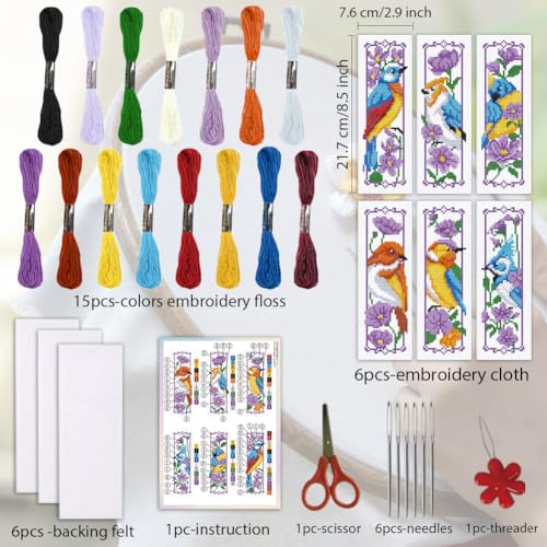 ORIGACH 6 Set Bird and Flower Cross Stitch Bookmark Kit for Beginner - style: Bird & Flower