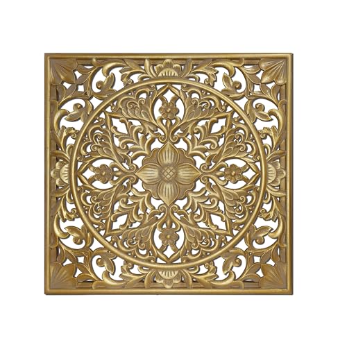 XIAOAIKA Boho Carved Wood Wall Art Panel, Floral Mandala, Distressed Gold - color: Distressed Gold