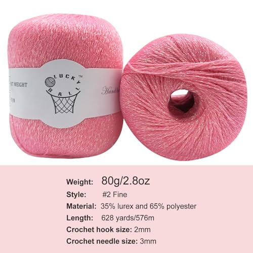 80g Sparkle Silver Lurex Thread Shining Yarn, Metallic Crochet Thread Yarn for Crocheting, Sparkle Metallic for Knitting Clothes, Car Charm, Keychain Charm(Pink) - color: Pink