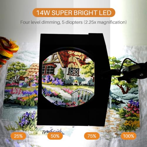 LED Magnifying Lamp with Clamp, 14W 1200LM, 2.25X, Black - color: Black