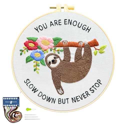 La glaneuse Embroidery Kit for Adult, Beginner Embroidery Kit with Cute and Funny Animal Pattern, Eight Simple Stitches to Get a Positive Sloth, Mental Health and Stress Relief Gift for Him/Her - color: Positive Sloth 01