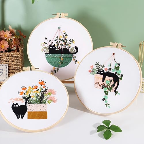 KEKEMEOW 3 Sets Embroidery Kit for Beginners, Stitches with Black Cat and Flowers, Embroidery Stitch Practice kit for Adults Craft Lover, Needlepoint Hand Embroidery Kit with Pattern、Instruction、Hoop - color: Cat&Flower