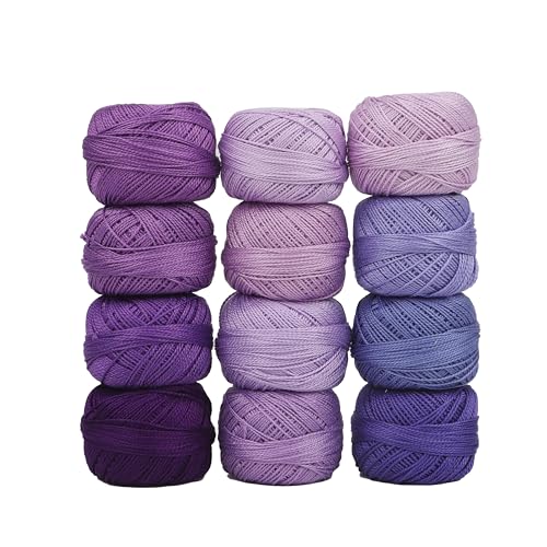 Size 8 Double Mercerized Egyptian Long Staple Cotton Pearl Thread 12 Gradient Colors per Box 5 Grams Ball Rainbow Color Embroidery Thread for Crochet Cross Stitch Hand Embroidery (12F) - color: 12F