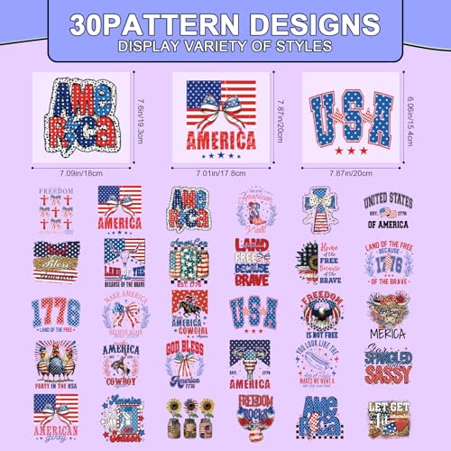 Rngmsi Dtf Transfers Ready to Press - 30 Pcs 4th of July Iron on Transfers for T-Shirts, America Independence Day Iron on Stickers, USA Heat Transfer Vinyl Decals for DIY Fabric Clothes Decor - style: 4th of July