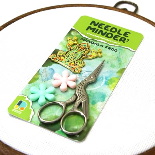 Awesome Pattern Studio Needle Minder Set - Mandala Frog Magnetic Needle Minder + 2 Needle Threaders + Crane Scissors. Enamel Pin for Cross Stitch, Embroidery and Craft - size: Frog Set #2