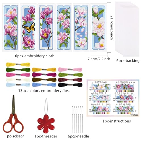 ORIGACH 6 Set Magnolia Cross Stitch Bookmark Kit for Beginner - style: Magnolia