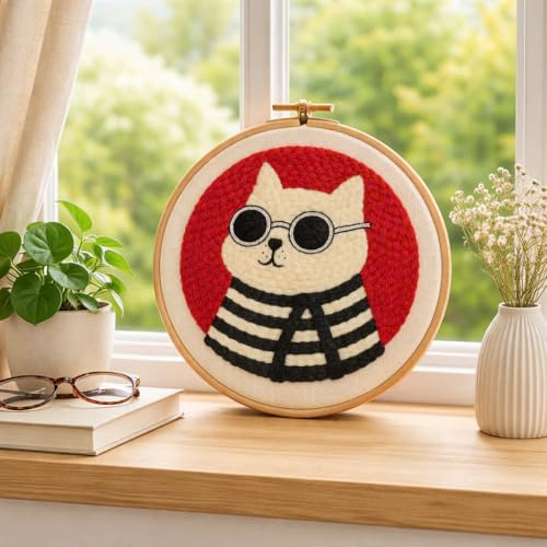 CELCRAFTIQUE Punch Needle Kits for Adults Beginner, Tool with Punch Needle Fabric, Hoops, Yarns and Sewing Needles (Style 4) - color: Retro Cat