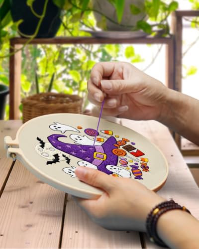 TINDTOP Halloween Embroidery Kit for Adult, Embroidery DIY Starter Kit, with Stamped Patterns, Hoop, Tools, Colorful Threads with Needles, Instructions (Halloween C) - color: Halloween C