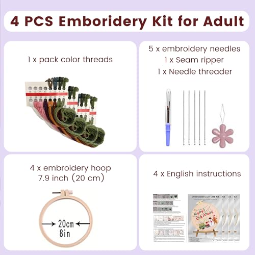 Huacan Embroidery Kits for Adults Beginner 4 Pcs Stamped Christmas Tree Pattern Stitching DIY Sewing Kit 7.9 x 7.9 Inch - color: Christmas Tree 1