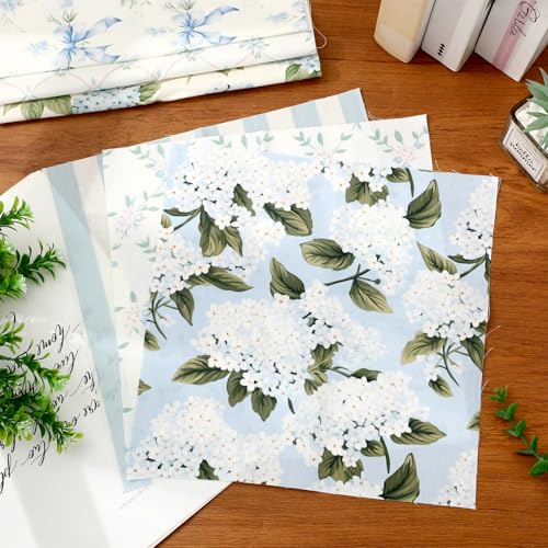 JarThenaAMCS 12 Pcs Hydrangea Cotton Fabric Bundles 10 x 10 Inch Watercolor Dusty Blue Floral Fabric Squares Flower Plaid Stripe Spring Sewing Fabrics for DIY Craft Party Decor - size: 10 x 10 inch