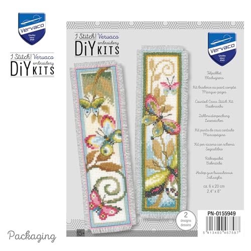 Vervaco Counted Cross Stitch Bookmark Kit for Beginners Pretty Butterflies Embroidery Pattern for Book Lovers ca. 2,4" x 8" DIY Crafts for Adults Creative Book Lovers Gift Starter Craft Kit Supplies - size: Butterflies