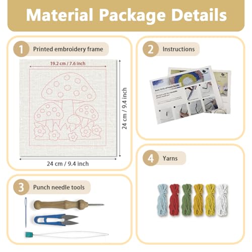 Doodlream Mushroom DIY Punch Needle Embroidery Kit for Adult Beginner, 9.4" Mushroom Punch Stitching Craft Set for Starter with Frame, Fabric Pattern, Threader, Yarn, Pinch Needle - color: Mushroom