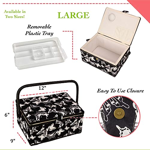 Sewing Basket with Floral Print Design - Sewing Kit Storage Box with Removable Tray, Built-in Pin Cushion and Interior Pocket - by Adolfo Design (Large - 12" x 9" x 6", Butterfly Design) - color: Butterfly Design, size: Large - 12" x 9" x 6"