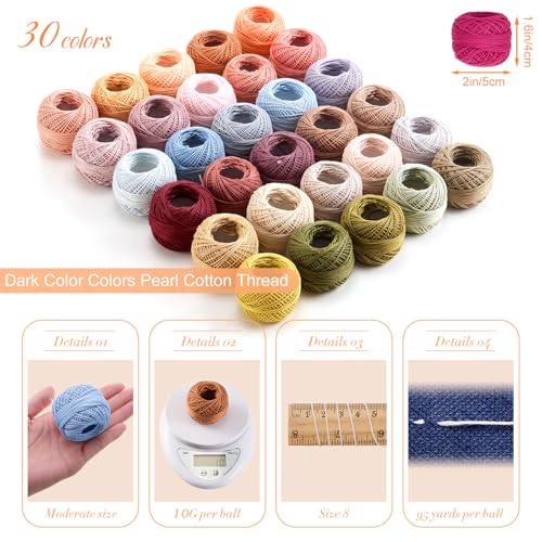 30 Pcs Size 8 Pearl Cotton Thread Balls 10 Grams, Dark Color - color: Dark Color