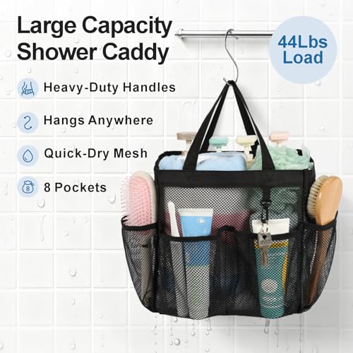 Mesh Shower Caddy Portable - 8 Pockets, S-Hook, Shower Bag for Dorm Camping - color: 1 Pack Black, size: L (Classic Dorm Caddy)
