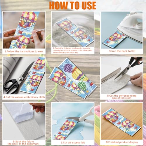 FREEBLOSS 6 Set Cross Stitch Bookmark Kit 11 CT Stamped Cross Stitch Kit DIY Embroidery Bookmark Kits for Adult Beginners with Instructions, Hot Air Balloon, 6 x 20 cm/8" x 2.4" - style: Hot Air Balloon