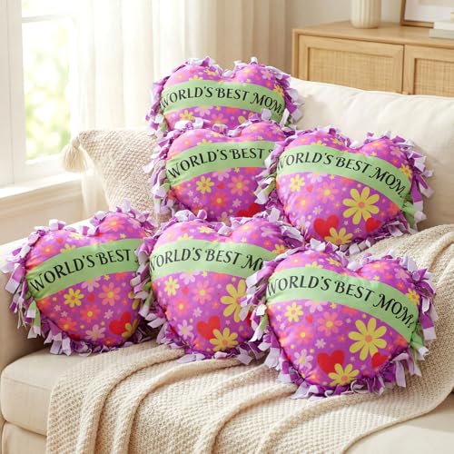 Weysat 6 Sets Christmas Heart Tied Pillow Craft Kit DIY World's Best Mom Pillow Craft Gifts with PP Cotton Flower Love Heart Cushion Covers for Love Grandma Wife Christmas Party Decor - style: Mother's Day
