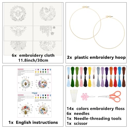 ORIGACH 6 Pack Bees & Flowers Embroidery Kit for Beginners - style: Bees & Flowers