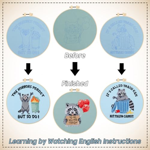 Mindsoft 3 Set Needlepoint Kit for Beginners with Hoop,Raccoon - style: Raccoon