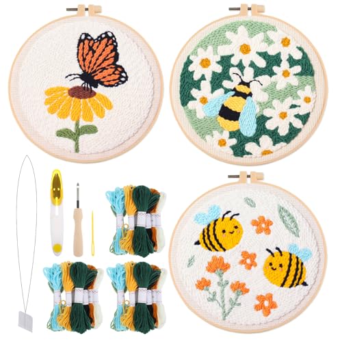 3 Pcs Punch Needle Kits, 7.87 Inch Cute Floral, Bees and Butterfly Punch Needle Kit for Adults Beginner Children Needles Punching kit with Embroidery Hoop, Instruction, Fabric, Sewing Needles, Yarns - size: Style A