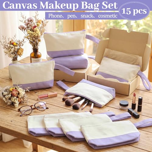 Silkfly 15 Pcs Cotton Canvas Makeup Bags Cosmetic Zipper Bags 10.2 x 5.5 x 2'' Blank DIY Pouch Bulk Pencil Case with Bottom Travel Toiletry Pouch for Women Craft Decor Gift (Beige and Light Purple) - color: Beige and Light Purple