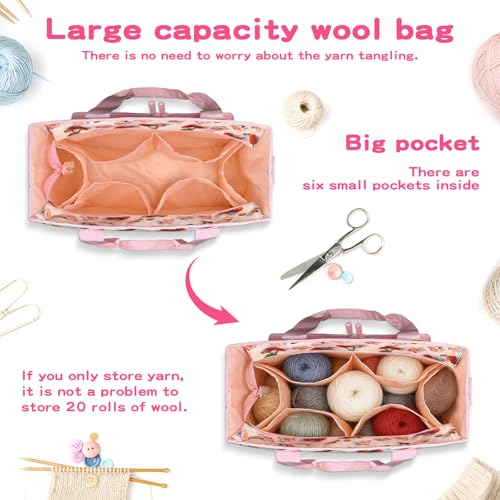 Large Crochet Bag for Yarn Storage - 6-Pocket Knitting Tote Organizer with Eyelets & Elastic Loops, Tear-Resistant Canvas Project Bag for Needles/Hooks, Portable Workstation for Crocheters (Cherry)