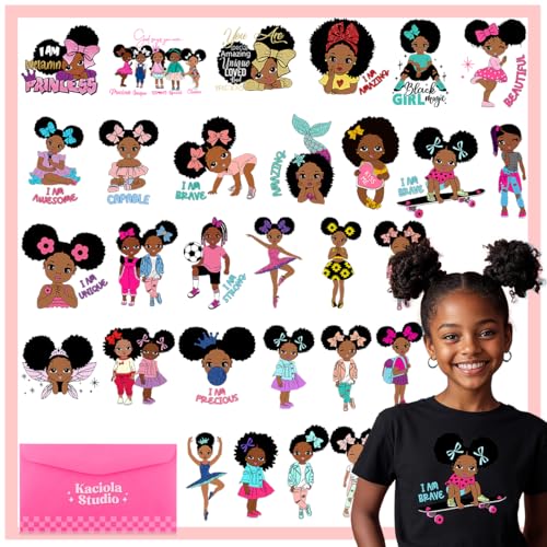 Kaciola 30 Sheets Cartoon Black Girl Iron on Transfers, Cute Girl DTF Transfers Ready to Press Washable Stickers Iron on Decals for T Shirts Hoodie DIY Crafts - color: Cartoon