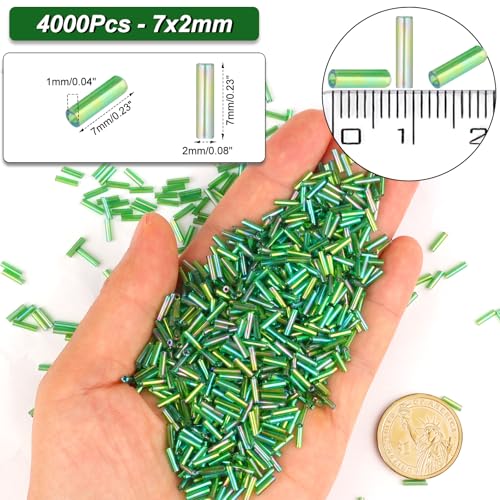 4000 Pcs Oil Slick Green Glass Bugle Beads, 2 x 7 mm Embroidery Beads, Small Long Tube Seed Beads for Embroidery Craft Jewelry Making - color: Oil Slick Green