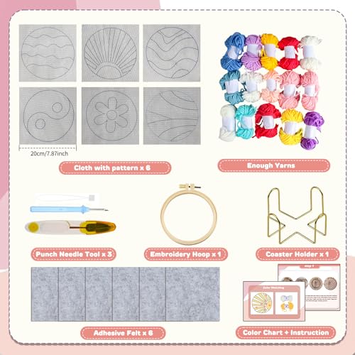 AIRDEA Punch Needle Drink Coasters Kit,Casual Punch Needle Embroidery Complete Kits for Beginner 3.29x3.29 Inches,Included All Accessories,DIY Car Coasters (Pink) - color: pink