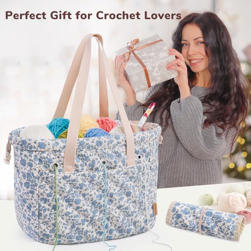 MYBAGZING Portable Crochet Bag Organizer with Crochet Hook Organizer Roll - color: Blue Flower