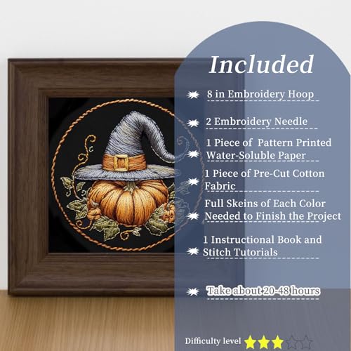 FONNUY Pumpkin Embroidery Kit for Beginners, Pre-Stamped Pattern Kits for Adults with Hoop, Easy to Follow Color Thread Needlework, 8'' Hoop (Witch Hat 1) - color: Witch Hat 1