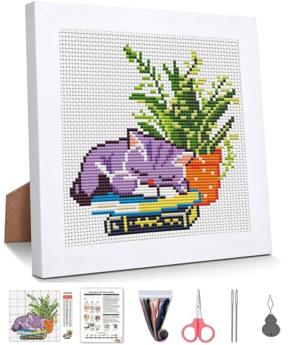 Sleepy Cat Greenery Stamped Cross Stitch Kits for Beginners with Framed - color: DKJ033