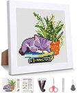 Sleepy Cat Greenery Stamped Cross Stitch Kits for Beginners with Framed - color: DKJ033