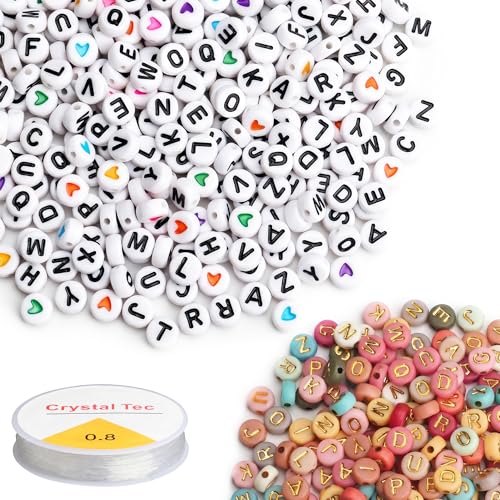 Letter Beads and Bracelets String Set, 4x7mm Round Alphabet Beads - color: C+W+heart