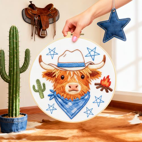 BEUNITONE 4 Set Embroidery Kit for Beginners, Animal Cowboy Patterns Cross Stitch Kits, Needlepoint Kits for Adults with Hoop, Cute Hand Embroidery Patterns for Cloth and Home Decor - style: A-Cowboy Animals