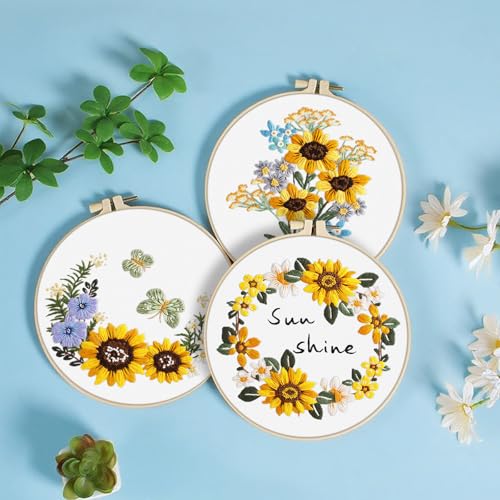 ERKOON 3 Sets Embroidery Kit, Floral Cross Stitch Set for Include Embroidery Cloth Hoops Threads for Craft Lover Hand Stitch (Sunflower) - color: Sunflower