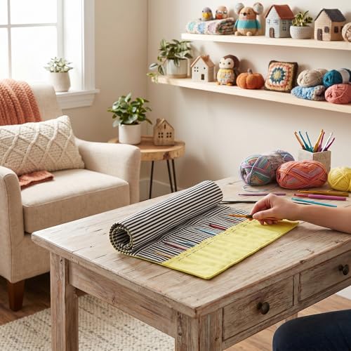 Lightweight Crochet Hook Storage Bag, Roll Up Knitting Needles Case for Crafting Enthusiasts Markings Made from Oxford Cloth Portable Crochet Organizer for Home Travel (Yellow)