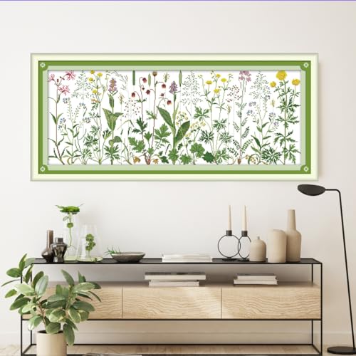 Rosyfoxes Cross Stitch Kits Stamped Full Range of Embroidery Starter Kits for Beginners DIY- Printed kit Flowers on the Meadow(Printed) 11CT 42.5×18.9inches - color: Flowers on the meadow 42.5×18.9inches