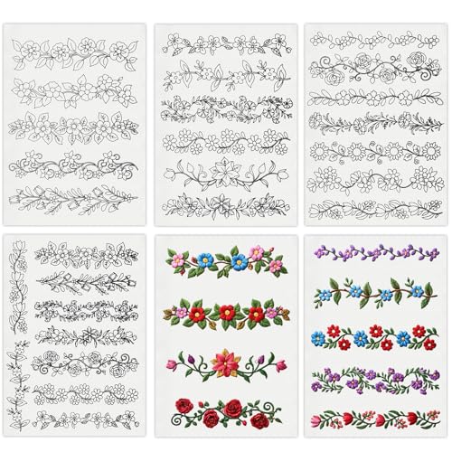 27 Pcs Water Soluble Stabilizer Embroidery Patterns Flower Vine Embroidery Pattern Sewing Flowers Border Pre-Printed Floral Stick & Stitch Paper for Jean Bag Tshirt Bags Towels 4 Sheets