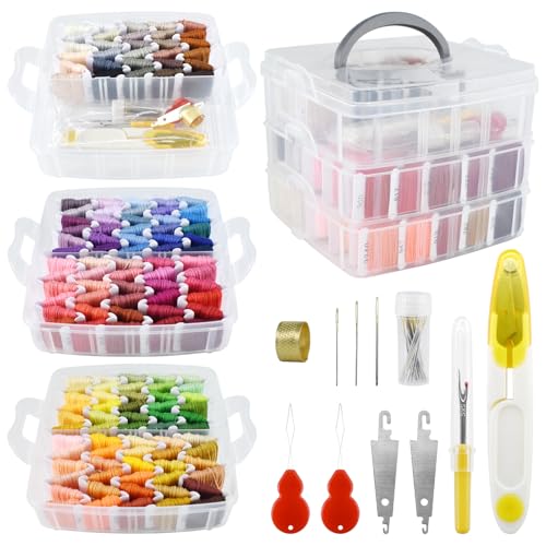 187 Pcs Embroidery Thread Floss Kit, 150 Colors Cross Stitch Threads Friendship Bracelet String and 37pcs Tools kit for Friendship Bracelets Arts DIY Crafts with 3-Tier Transparent Organizer Box