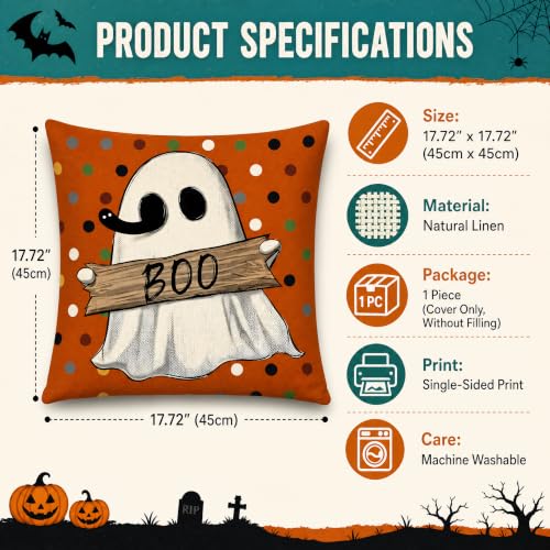 Ghost Holding Boo Sign Linen Throw Pillow Cover 18x18 for Couch - color: Pa10065, size: 18" x 18" (Pack of 1)