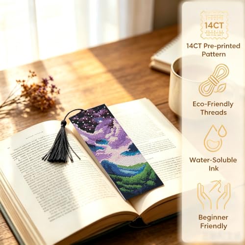 14CT Sun and Moon Cross Stitch Bookmark Stamped Embroidery Kit for Beginner - color: SQJ008-01