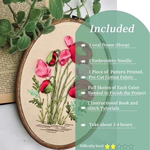 FONNUY Ribbon Embroidery 3D Flowers Pattern Design Kit Embroidery DIY Handwork Set Oval Home Decoration (Red Rose) - style: Red Rose