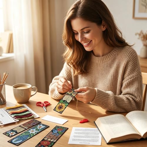 Mushroom Flowers Counted Cross Stitch Bookmark Kit for Adults Beginners - color: SQJ005-01