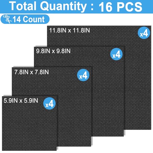 MYFAMIREA 16PCS Cross Stitch Fabric, 4 Sizes Black Aida Cloth 14 Count Craft Embroidery Cloth Classic Reserve Cross Stitch for Home DIY Handmade Needlework Embroidery Decoration, 5.9 to 11.8 inch - color: Black, size: 14 CT 5.9-11.8In (16 PCS)