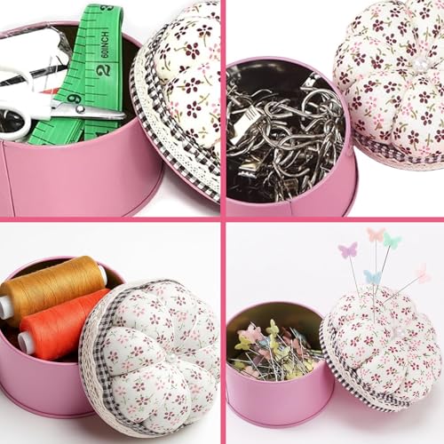 Cute Pumpkin Pincushion with Lid Storage Box - Small Sewing Needle Cushion Holder Decorative Pin Keeper for Sewing Supplies(Pink)
