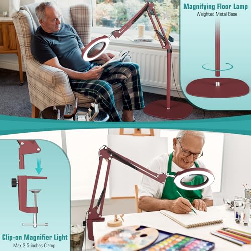 12X Magnifying Glass with Light and Stand, Real Glass Lens (Not Acrylic), 5 Color Modes, Stepless Dimmable, LED 3-in-1 Floor Lamp, Swing Arm with Clamp, Lighted Magnifier Hands Free for Crafts - Red - color: Red