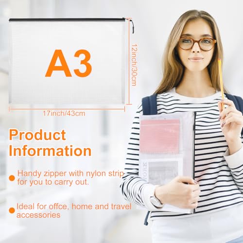 20pcs Mesh Zipper Pouch Bags A4 Mesh Bags for Classroom Organization, Waterproof Document Zipper Pouches for Cosmetics, Travel Storage File Bags for Office Supplie (Black-A3-20PCS) - style: Black-A3-20PCS
